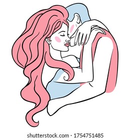 Love couple pop art / Line art print vector illustration. Boy and girl kissing, cuddling. Love, romance, amour 