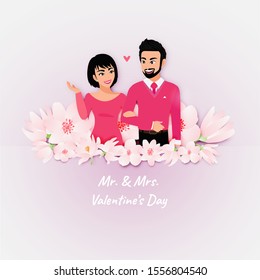 Love couple portrait in flower background. Valentine's Day cartoon character and vintage design vector 