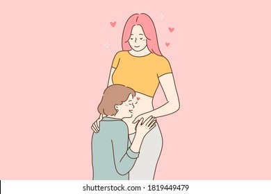 Love, couple, pregnancy, lgbtq concept. Young woman lesbian cartoon character kissing stomach of pregnant homosexual girlfriend wife partner. Good news and motherhood happiness illustration.