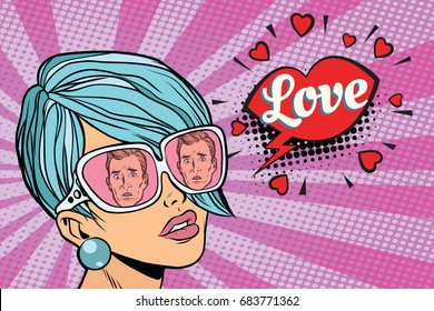 Love couple, reflection of men in sunglasses women. Pop art retro comic book vector illustration