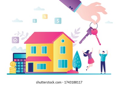 Love couple rejoices buying new home. Mortgage and investment in real estate. Cartoon character take house loan. Finance management and property loan. Big hand give keys. Flat vector illustration