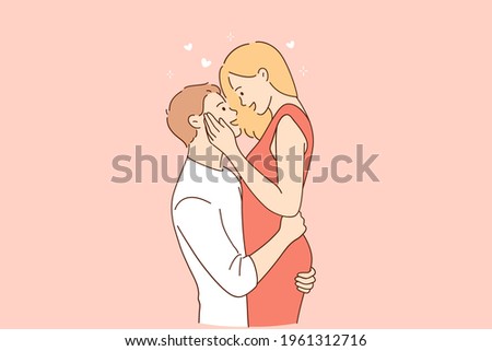 Love, couple, relations dating concept. Man hugging beloved woman while standing on natural landscape outdoors vector illustration 