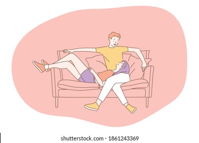 Love, couple in relationship, togetherness concept. Happy young loving couple cartoon characters relaxing together on sofa and feeling love to each other. Romance and loving people illustration 