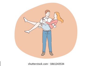 Love, couple in relationship, togetherness concept. Happy young loving boyfriend holding his smiling girlfriend on hands during date outdoors. Dating, romance, people in love illustration 