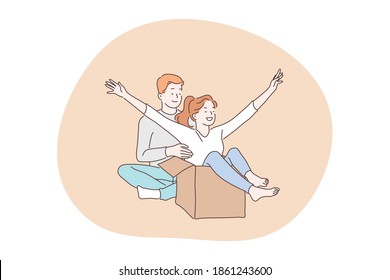 Love, couple in relationship, togetherness concept. Happy young loving couple cartoon characters having fun during relocating to new apartment together and unpacking things at home illustration 