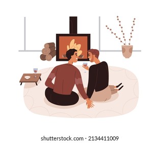 Love couple relax on romantic date at home. Homosexual men with wine by fireplace in living room. Happy gay partners in cosy apartment in evening. Flat vector illustration isolated on white background