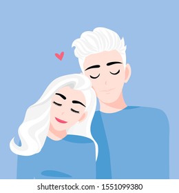 Love couple in relax time on a blue background. Valentine's Day cartoon character and abstract design vector 