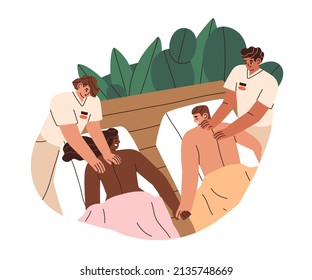 Love couple relaxing at back massage in SPA and beauty salon. Happy man and woman lying on couches during wellness partners treatment together. Flat vector illustration isolated on white background