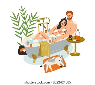 Love couple relaxing in bathtub with foam. Young happy man and woman taking bath together. Romantic lovers resting in tub in home bathroom. Flat vector illustration isolated on white background