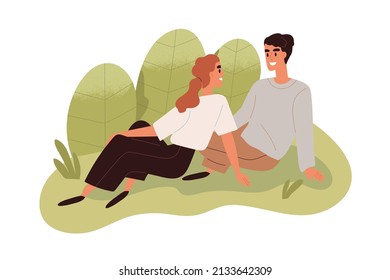 Una pareja de amor relajándose en la naturaleza. Feliz hombre y mujer romántico sentados en el césped en las vacaciones de verano. Amigos en el césped al aire libre. Ilustración vectorial plana aislada en fondo blanco