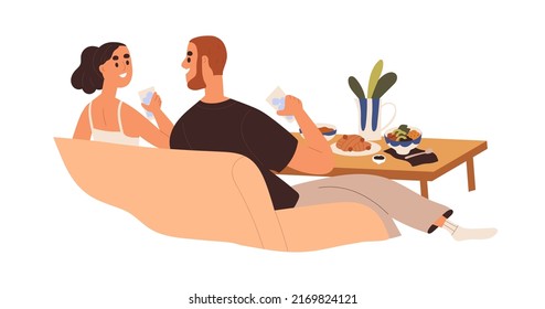 Love couple relaxing on sofa, eating food, talking. Happy man and woman on romantic date at home. People enjoying meal together, chatting. Flat vector illustration isolated on white background