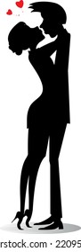 Love couple rendezvous. Heart symbols.
Kissing man and woman. Black on white illustration
