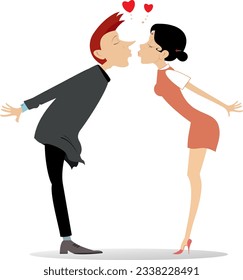 Love couple rendezvous. Hearts symbol. 
Young man and woman kissing one another. Isolated on white background

