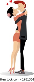 Love couple rendezvous illustration. 
Heart symbols. Young man and woman kissing one another isolated on white
