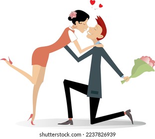 Love couple rendezvous illustration. 
Heart symbols. Young woman kissing a kneeling man with a bunch of flowers
