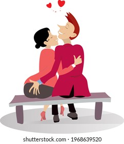 Love couple rendezvous illustration. 
Hearts symbol. Young man and woman sit on the bench and hug one another isolated on white 
