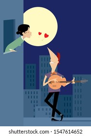 Love couple rendezvous under the moon illustration. Full moon and young man stays under the window of the girlfriend, plays guitar and sings love song illustration 
