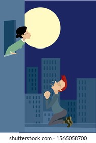 Love couple rendezvous under the moon illustration. Full moon, young woman and man stays on the kneel and prays for love under the window of the girlfriend illustration 
