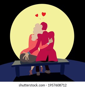 Love couple rendezvous under the moon illustration. 
Young man and sit on the bench under the moon and hug one another 
