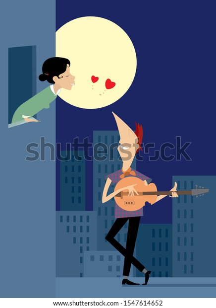 恋愛のカップルは月のイラストの下でランデブー 満月と若い男性は彼女の窓の下にいてギターを弾き ラブソングイラストを歌う のベクター画像素材 ロイヤリティ フリー