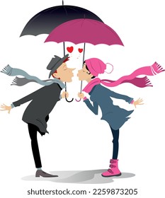 La pareja de amor se encuentra bajo la lluvia. 
Símbolo del corazón. Joven hombre y mujer besándose bajo paraguas. Aislado sobre fondo blanco
