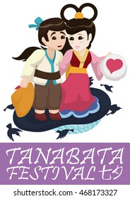 In love couple representing the mythical couple of Tanabata: Orihime and Hikoboshi with magpies around them.