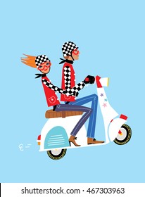 Love Couple Riding A Motorbike. Man And Girl Travelling By Vespa Scooter. Vector Illustration