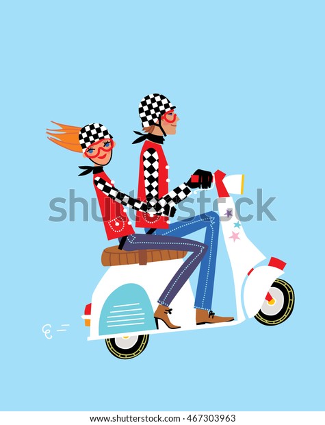 スクーターに乗った愛のカップル ベスパスクーターに乗る男と女 ベクターイラスト のベクター画像素材 ロイヤリティフリー
