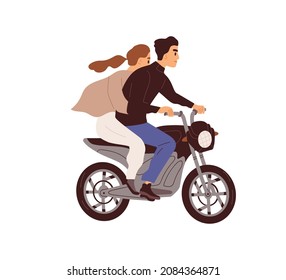 Love couple riding motorcycle. Man and woman travel by motorbike together. Biker and female rushing on bike, driving fast, side view. Flat vector illustration isolated on white background