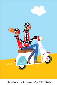 love couple riding a scooter. vector illustration. Love horoscope gemini symbol.