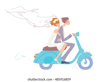 Love couple riding a vespa scooter in wedding day. Groom and bride on the motorbike. vector illustration. Italian honeymoon. 