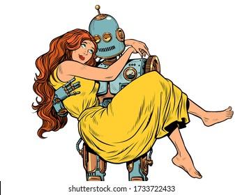 love couple robot and woman. Pop art retro vector illustration vitch vintage 50s 60s style