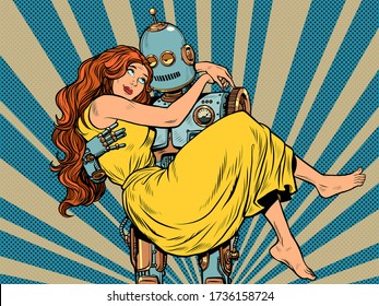 Love Couple Robot And Woman. Pop Art Retro Vector Illustration Vitch Vintage 50s 60s Style