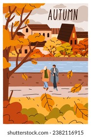 Love couple, romantic autumn date in city park. Fall card, man and woman valentines walking, strolling at riverside. Urban promenade by river among yellow trees, orange leaf. Flat vector illustration