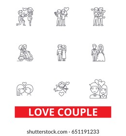 Love couple, romantic, love heart, kissing, love birds, happy couple, valentine line icons. Editable strokes. Flat design vector illustration symbol concept. Linear signs isolated on white background