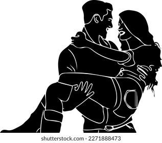 Love couple in romantic pose silhouette, sketch drawing of husband lifting her wife, line art vector illustration of young boy lifting her girlfriend