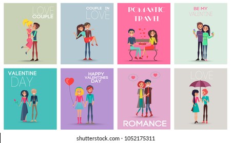 Love couple, romantic travel, happy Valentines day,people kissing and hugging, standing under umbrella, ice-cream and flowers vector illustration