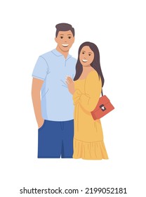 Love couple. Romantic young woman with man. Persons with happy characters. Romance and flirt between boyfriend and girlfriend. Happiness relationship between boy and girl. Concept valentine. Vector.