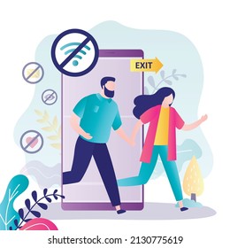 Love couple running away from digital addiction. Family runs out of smartphone screen to exit. Digital detox. Freedom from Internet and social networks. Users without wi-fi and 4g. Vector illustration