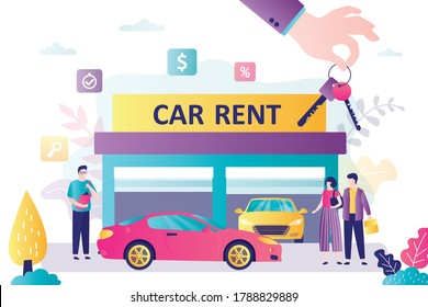 Love couple search auto for rent, salesman and car rental service. Big hand gives keys. Garage with modern vehicles. Transport business, auto dealer, concept banner. Trendy style vector illustration