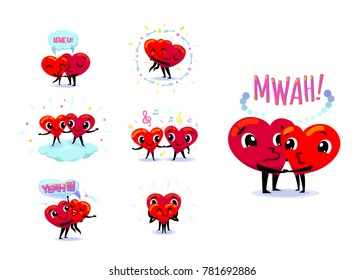 Love couple set. Scenes with two funny cute flat cartoon hearts holding hands, kissing, hugging, dancing, smiling. Wedding, happiness concept. Vector illustration