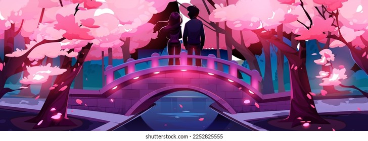 Love couple silhouettes on illuminated bridge in night urban park with blooming sakura trees. Man and woman on romantic date, admiring pink cherry blossom in city garden. Valentine Day banner design - Shutterstock ID 2252825555
