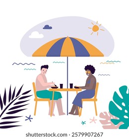 Love couple sitting in beach cafe on coast. Happy multiethnic man and woman at love date, restaurant breakfast, lunch. Sunny day. Romantic summer outdoor meeting, dating in cafe. vector illustration