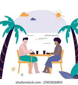 Love couple sitting in beach cafe on coast. Happy multiethnic man and woman at love date, restaurant breakfast, lunch. Romantic summer outdoor meeting, dating in cafe together. vector illustration