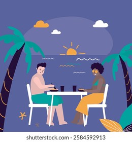 Love couple sitting in beach cafe on coast. Happy multiethnic man and woman at love date, restaurant dinner at sunset. Romantic summer outdoor meeting, dating in cafe together. vector illustration