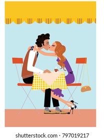 Love couple sitting in the cafe hugging and kissing. Vector illustration