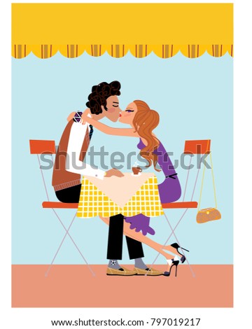 Love couple sitting in the cafe hugging and kissing. Vector illustration