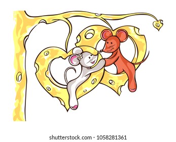 Love couple sitting in the hearts. Illustration cartoon mice the cheese tree