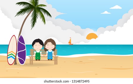 Love couple sitting on beach with sunset background, vector illustration