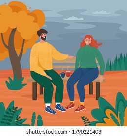 Love couple sitting on bench in autumn. Vector illustration in trendy flat style